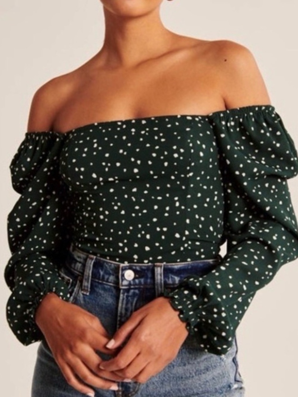 Abercrombie & Fitch Green Polka Dot Long Puff Sleeve Square Neck Off Shoulder